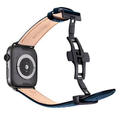 black apple watch with navy blue leather band for men back view