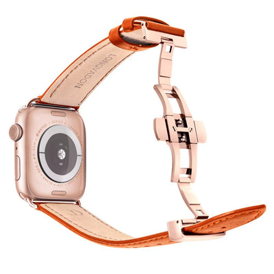 gold apple watch with whiskey brown leather band for men back view