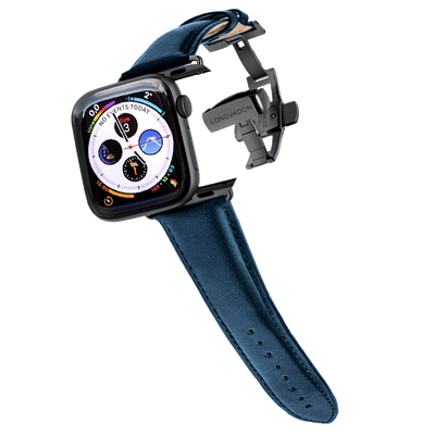 black apple watch with navy blue leather band for men