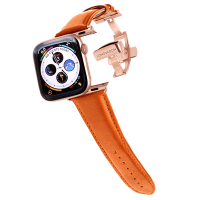 gold apple watch with whiskey brown leather band for men