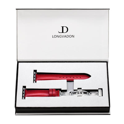 women's crimson red leather band for silver apple watch inside box