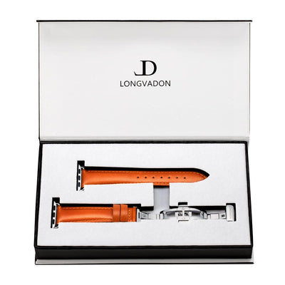 women's whiskey brown orange leather band for silver apple watch inside box