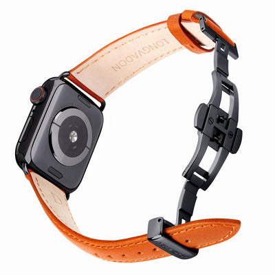 black apple watch with whiskey brown leather band for women back view