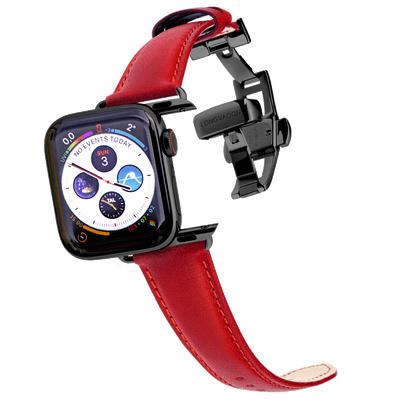 black apple watch with crimson red leather band for women