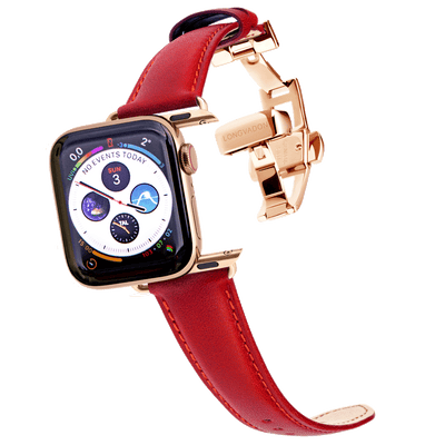 gold apple watch with crimson red leather band for women