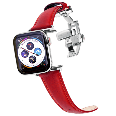 silver apple watch with crimson red leather band for women