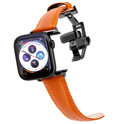 black apple watch with whiskey brown leather band for women