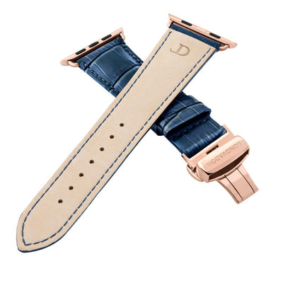 men's navy blue leather band for gold apple watch closer look