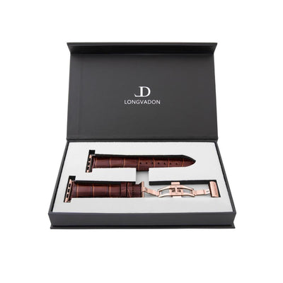 men's mahogany brown leather band for gold apple watch inside box
