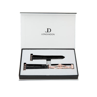 women's midnight black leather band for gold apple watch inside box