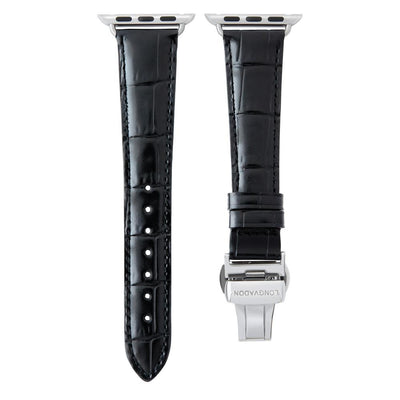 women's midnight black leather band for silver apple watch